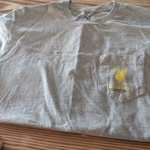Gray T-Shirt with Yellow Playboy Logo & Playboy Bunny collegiate Style On Back.